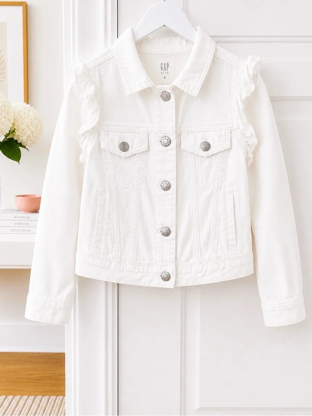 GAP White Ruffle-Trim Denim Jacket for Kids